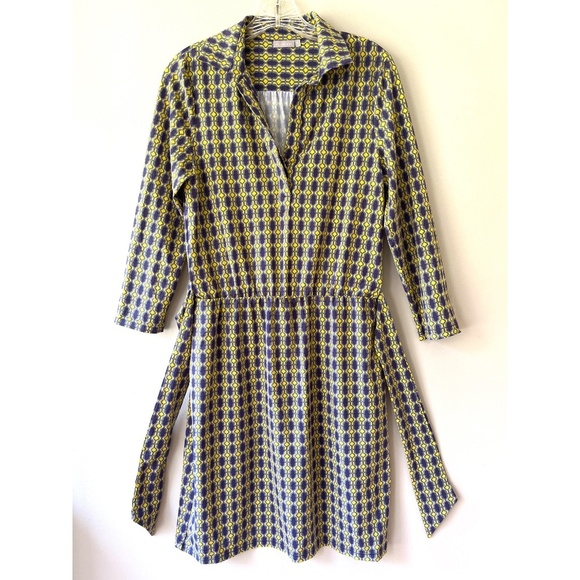 Ellie Kai A Line V Neck Midi Dress Purple Yellow Geo Print Soft Stretch Size S - Picture 1 of 8